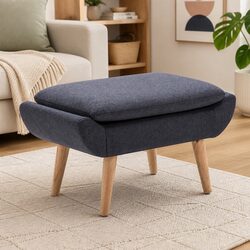 Grey Fabric Footstool Ottoman with Rubberwood Legs
