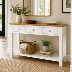 Solid Oak Top Console Table with White Frame