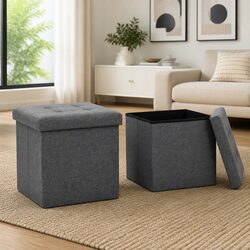 Grey Faux Linen Folding Storage Stools Set of 2