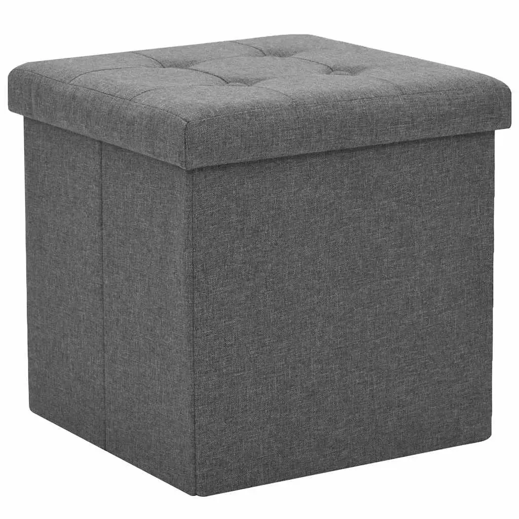 Folding Storage Stools Set of 2 Space Saving Grey Faux Linen Seat Ottoman