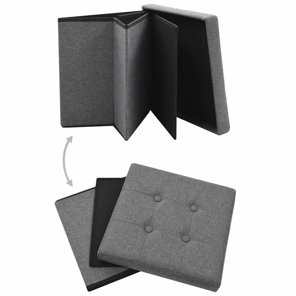 Folding Storage Stools Set of 2 Space Saving Grey Faux Linen Seat Ottoman
