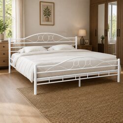 Double Bed Frame in White Metal with Slatted Base 137x187 cm