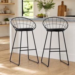 Black Faux Leather Bar Stools Set of 2 with Steel Frame