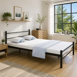 Metal Double Bed Frame in Black with Slatted Base
