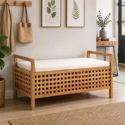 Solid Wood Storage Bench with Padded Cushion 93x49x49cm