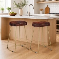 2-Piece Bar Stool Set in Solid Mango Wood with Iron Accents