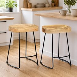 Set of 2 Bar Stools with Solid Mango Wood and Iron Frame