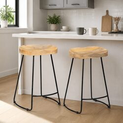 Set of 2 Bar Stools in Solid Mango Wood with Iron Frame