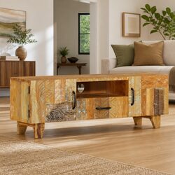 TV Cabinet with Hand Carved Doors, 120x30x40 cm in Reclaimed Wood