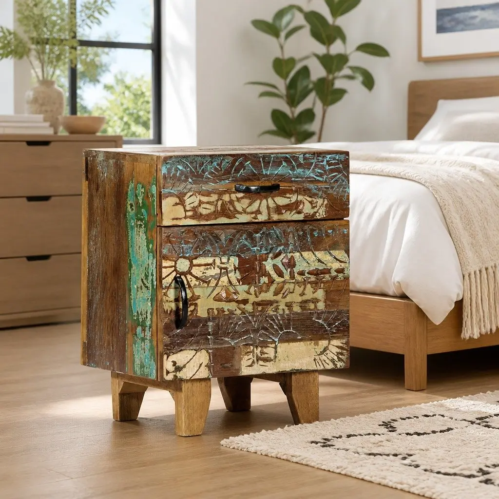 Bedside Cabinet Hand Carved Solid Reclaimed Wood Storage Drawer Door Multicolour