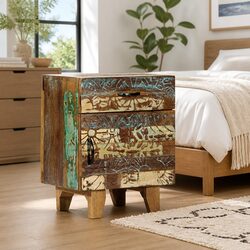 Solid Reclaimed Wood Bedside Cabinet with Hand Carving