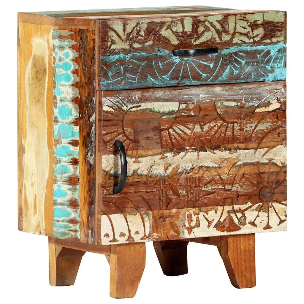 Bedside Cabinet Hand Carved Solid Reclaimed Wood Storage Drawer Door Multicolour
