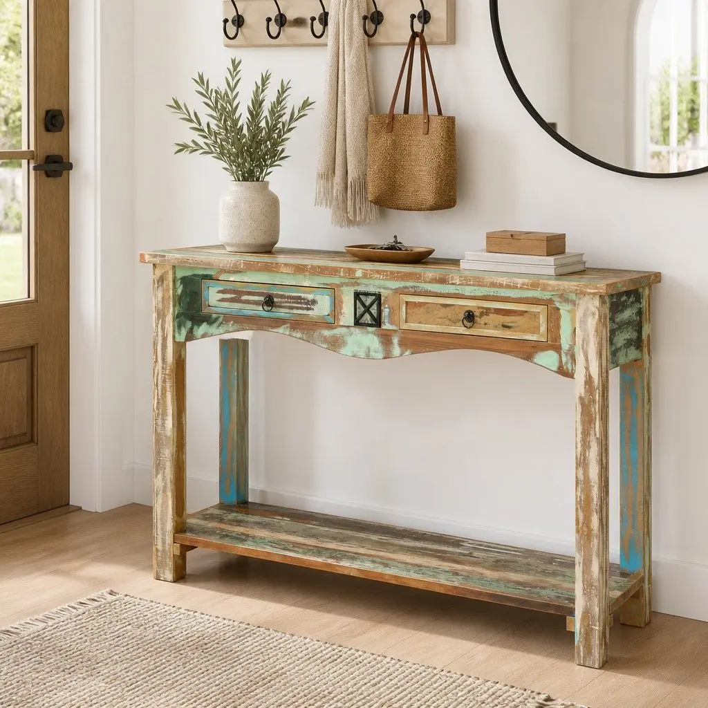 Console Table Solid Reclaimed Wood 120x40x75cm Multicolour with 2 Drawers and 1 Shelf