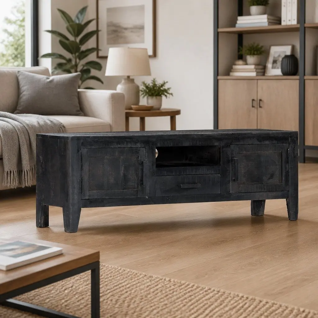 TV Cabinet Vintage Style Solid Mango Wood Black 118x30x40cm Storage Unit