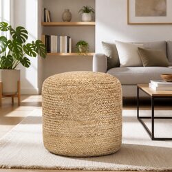Brown Jute Pouffe Footstool, 40x45 cm, Handmade Construction