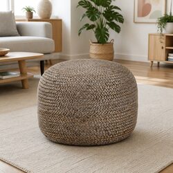 Grey Pouffe Footstool Crafted from Braided Jute