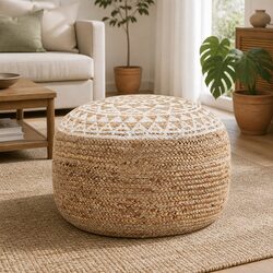 White Braided Jute Pouffe Footstool with EPS Foam Filling