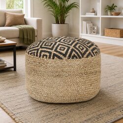 Black Braided Jute Pouffe Footstool with EPS Foam Filling