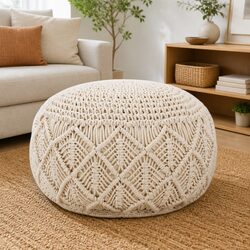 Macrame Pouf Footrest Ottoman, Cotton Construction, 45x45x30 cm
