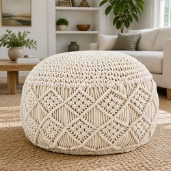 Contemporary Macrame Pouffe in Beige Cotton