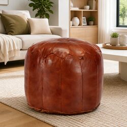 Compact Pouffe Footstool in Tan Goat Leather
