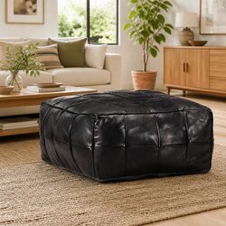 Black Pouffe Footstool with Goat Leather and Cotton Filling