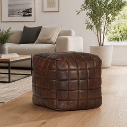 Square Pouffe Footstool Ottoman with Goat Leather
