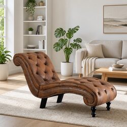 Faux Suede Leather Chaise Lounge in Brown with Ergonomic Support