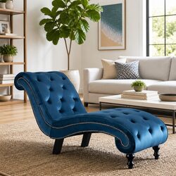 Chaise Lounge Chair in Blue Velvet with Ergonomic Support