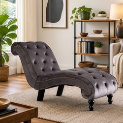 Button Tufted Grey Velvet Chaise Lounge
