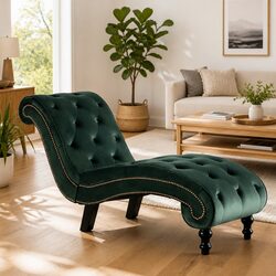 Chaise Lounge Chair in Green Velvet with Button Tufting