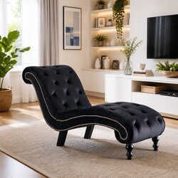 Black Velvet Ergonomic Chaise Lounge with Tufted Detail