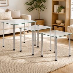 Modern 3-Piece Nesting Tables with Glass and Steel Construction