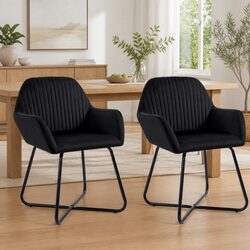 Set of 2 Armrest Dining Chairs in Black Velvet