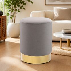 Velvet Barrel Stool with Metal Base in Light Grey