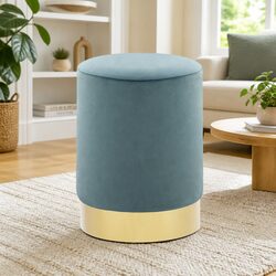 Gold Base Light Blue Velvet Barrel Stool