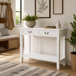 White Console Table with Drawers and Shelf Storage