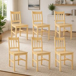 Set of 6 Beige Dining Chairs in Solid Pinewood