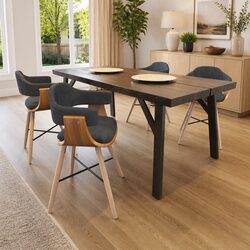 Set of 4 Dining Chairs with Armrests in Grey Fabric