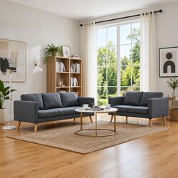 2-Seater and 3-Seater Grey Sofa Set with Wooden Frame