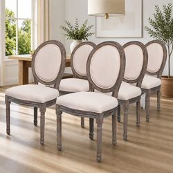 Dining Chairs Set of 6 in Cream Linen Upholstery