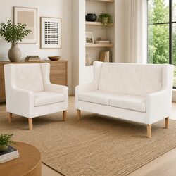 2-Piece Sofa Set: Armchair and 2-Seater in White Fabric