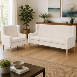 2-Piece Sofa Set with Armchair: Cream White Fabric