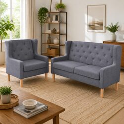 2-Piece Sofa Set with Armchair and 2-Seater in Grey Fabric