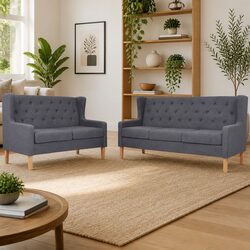 2 Piece Grey Fabric Sofa Set with Solid Frame