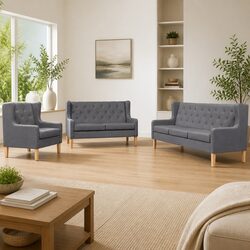3-Piece Sofa Set: Grey Fabric with Foam Padding