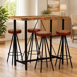 Industrial Bar Set: 1 Table & 4 Stools with Steel Legs