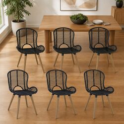 Set of 6 Dining Chairs in Black Rattan and Wood Legs