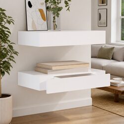 White MDF Floating Wall Shelves with Drawers, 48cm Set of 2