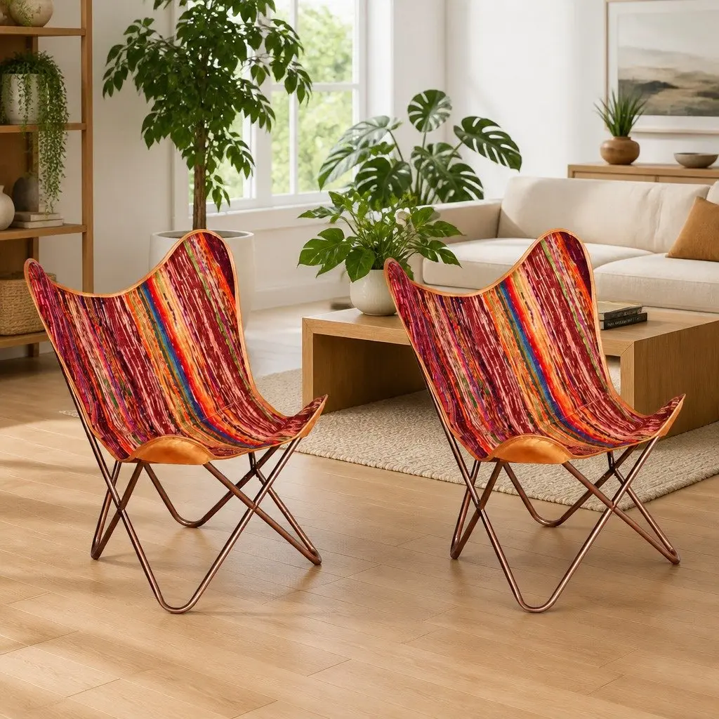 Butterfly Chairs 2 pcs Multicolour Chindi Fabric Armchair Retro Design Relaxing
